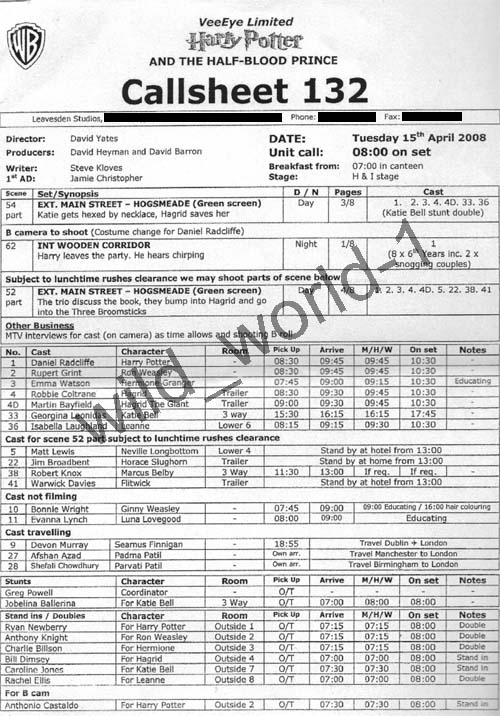 Callsheet (Lista de Chamada)
